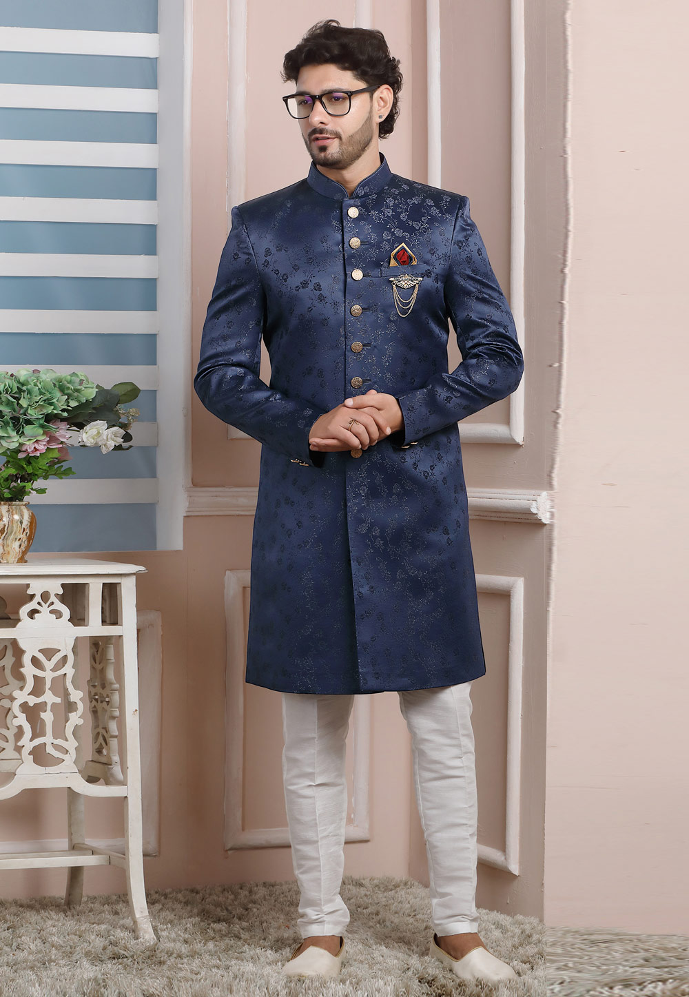 Navy Blue Jacquard Silk Indo Western Suit 249178