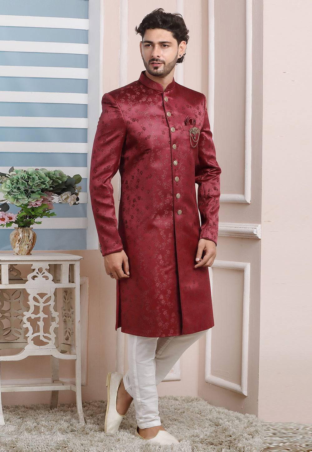Maroon Jacquard Silk Indo Western Suit 249180