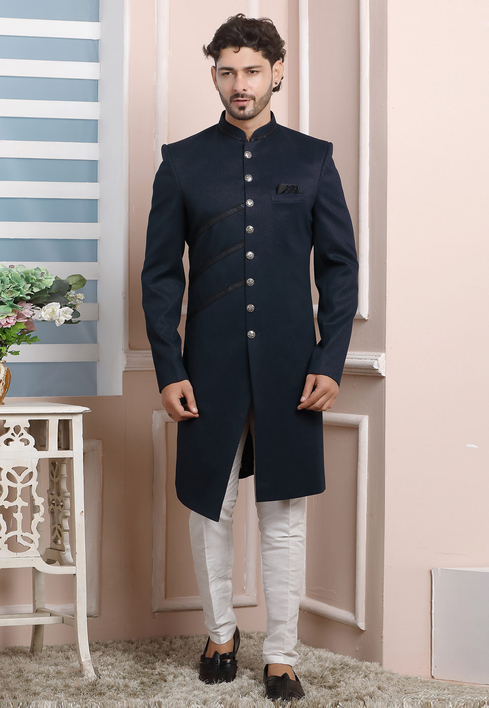 Navy Blue Jacquard Silk Indo Western Suit 249184