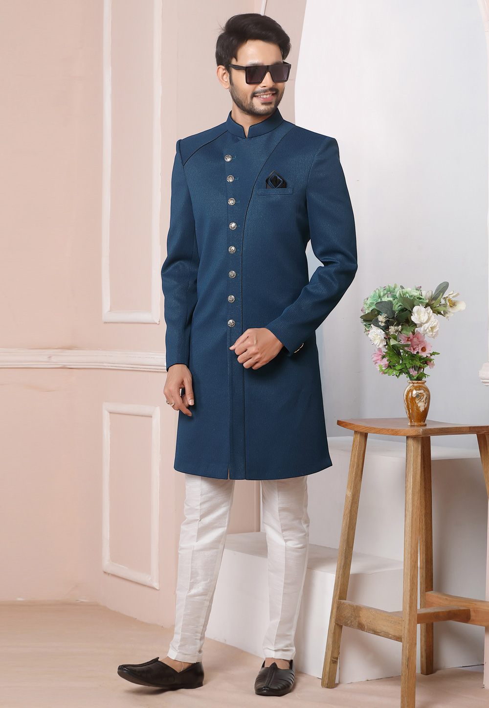 Blue Jacquard Silk Indo Western Suit 249185