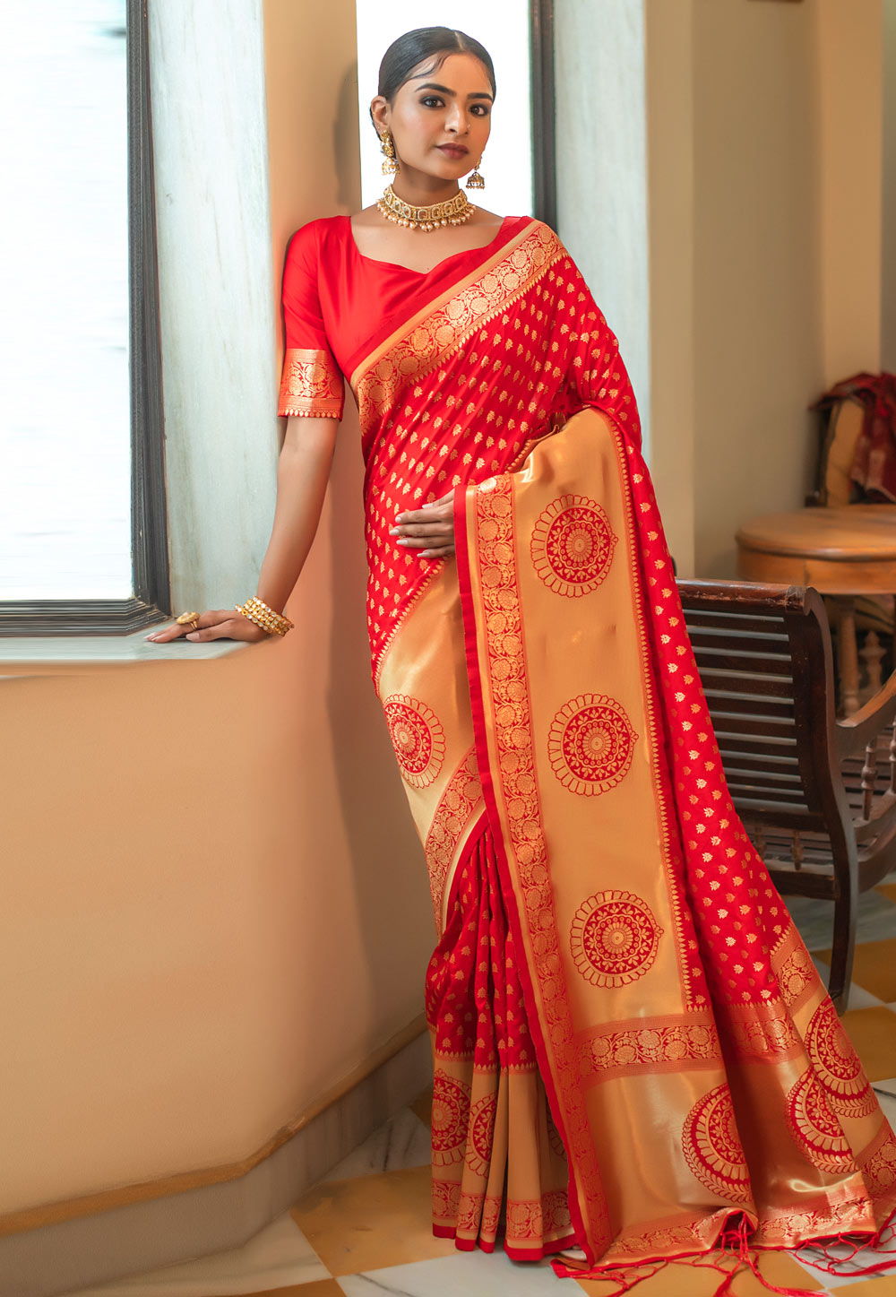 Red Banarasi Silk Saree With Blouse 238734