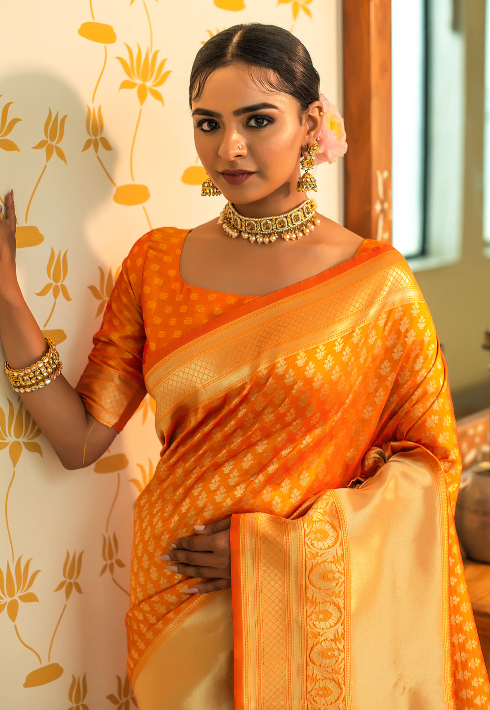 Outfit of the Day: Fiery Orange Traditional Sari with Polki Ancestral  Jewelry