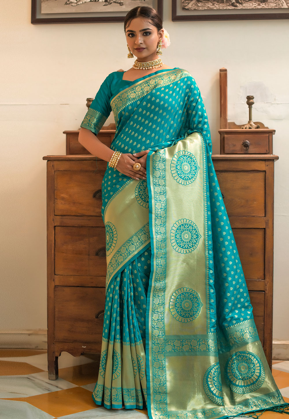 Turquoise Banarasi Silk Festival Wear Saree 238741