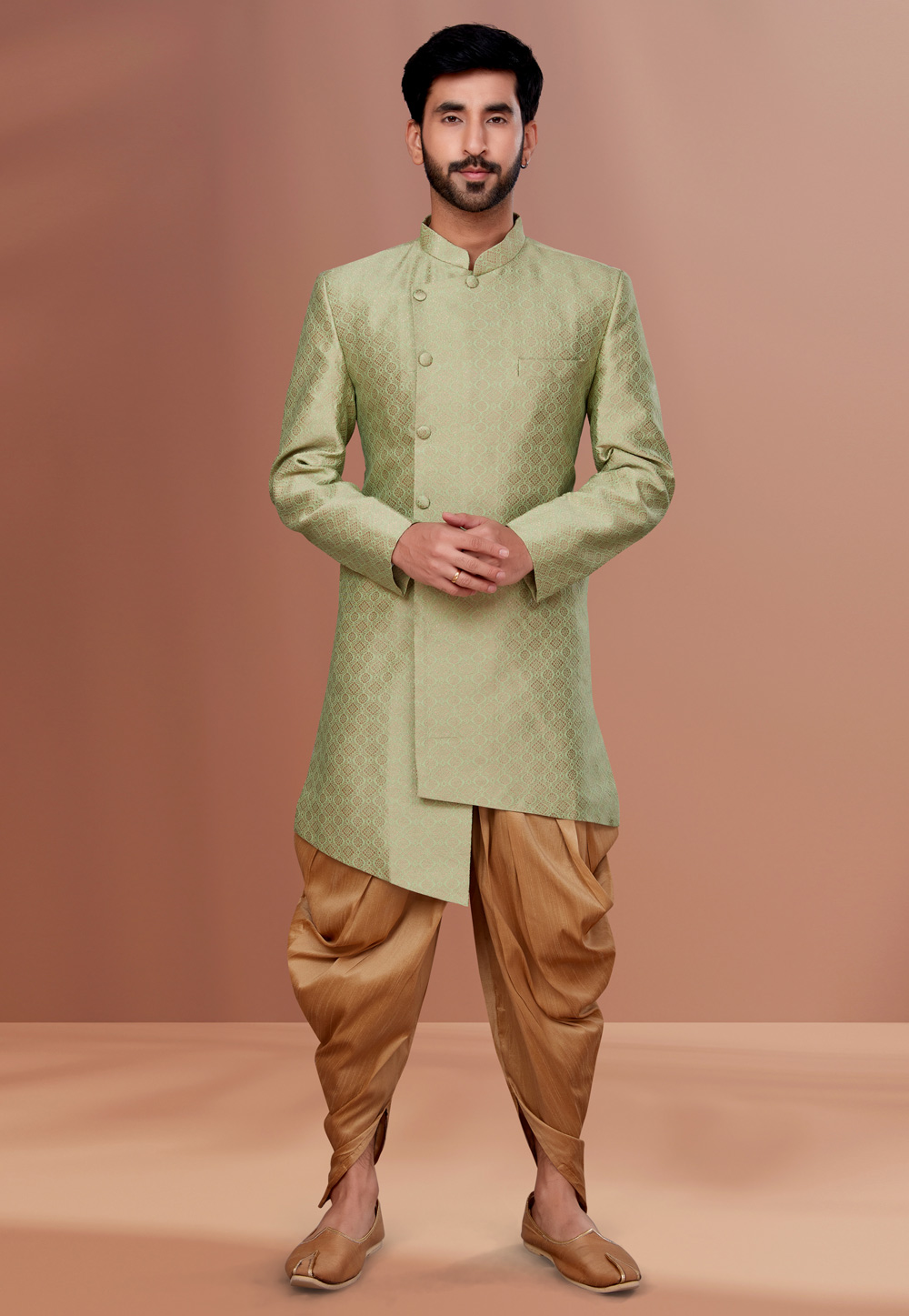 Pista Green Jacquard Indo Western Suit 257820