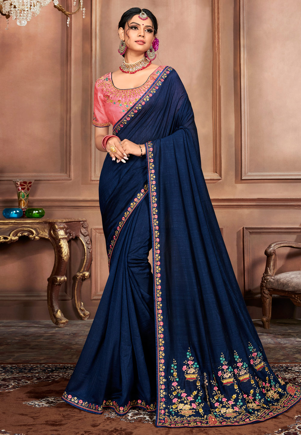 Navy Blue Silk Saree With Blouse 234523