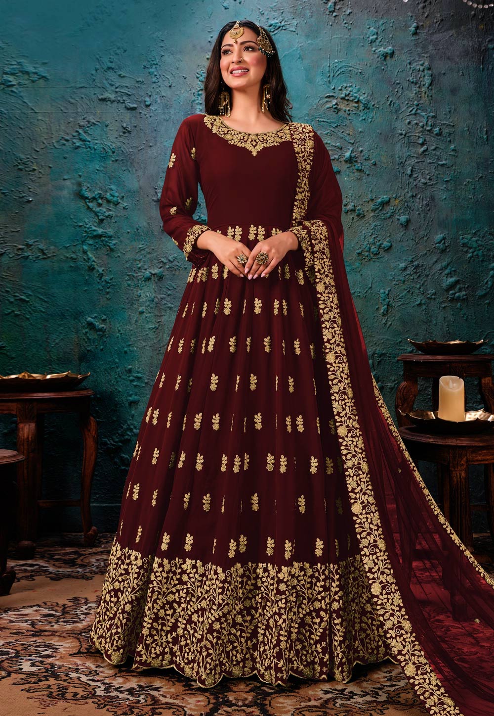 Maroon Faux Georgette Embroidered Long Anarkali Suit 217424