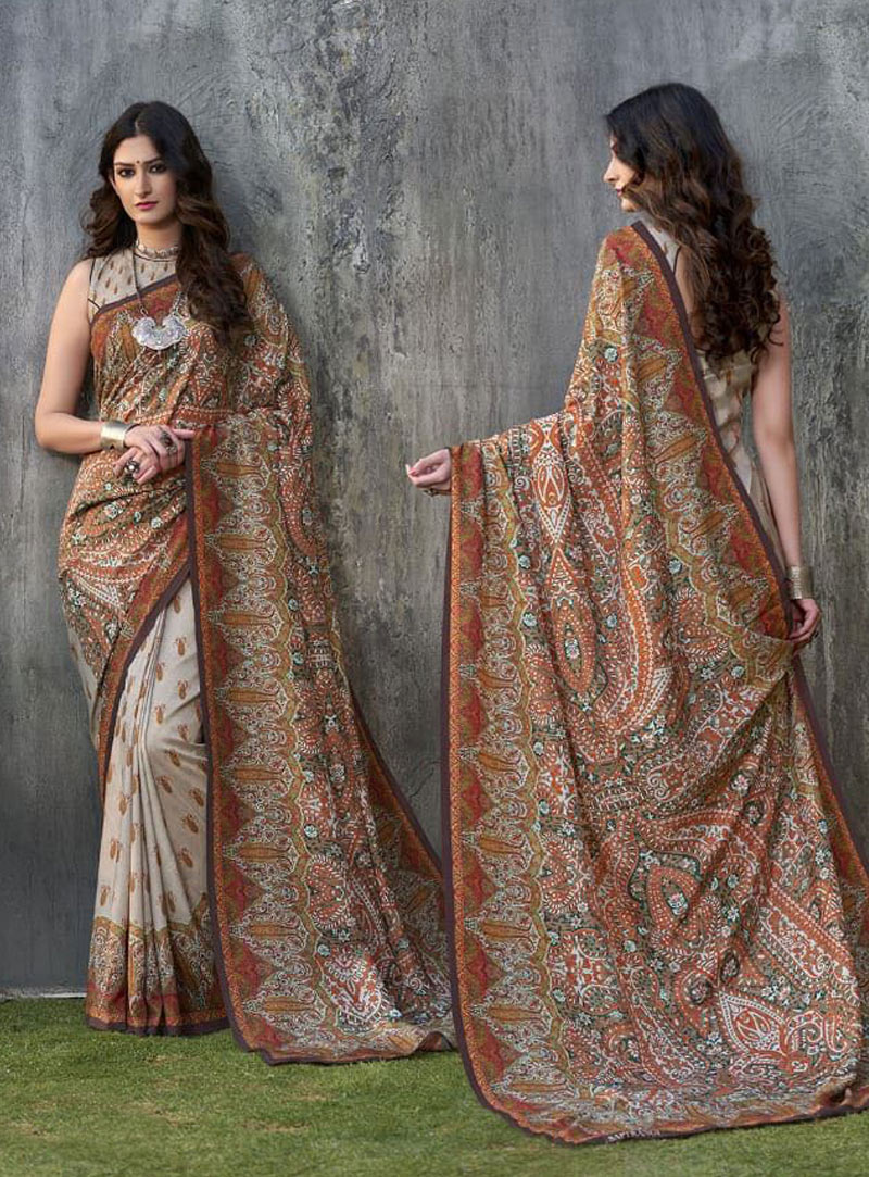 Brown Tussar Silk Printed Saree 139985