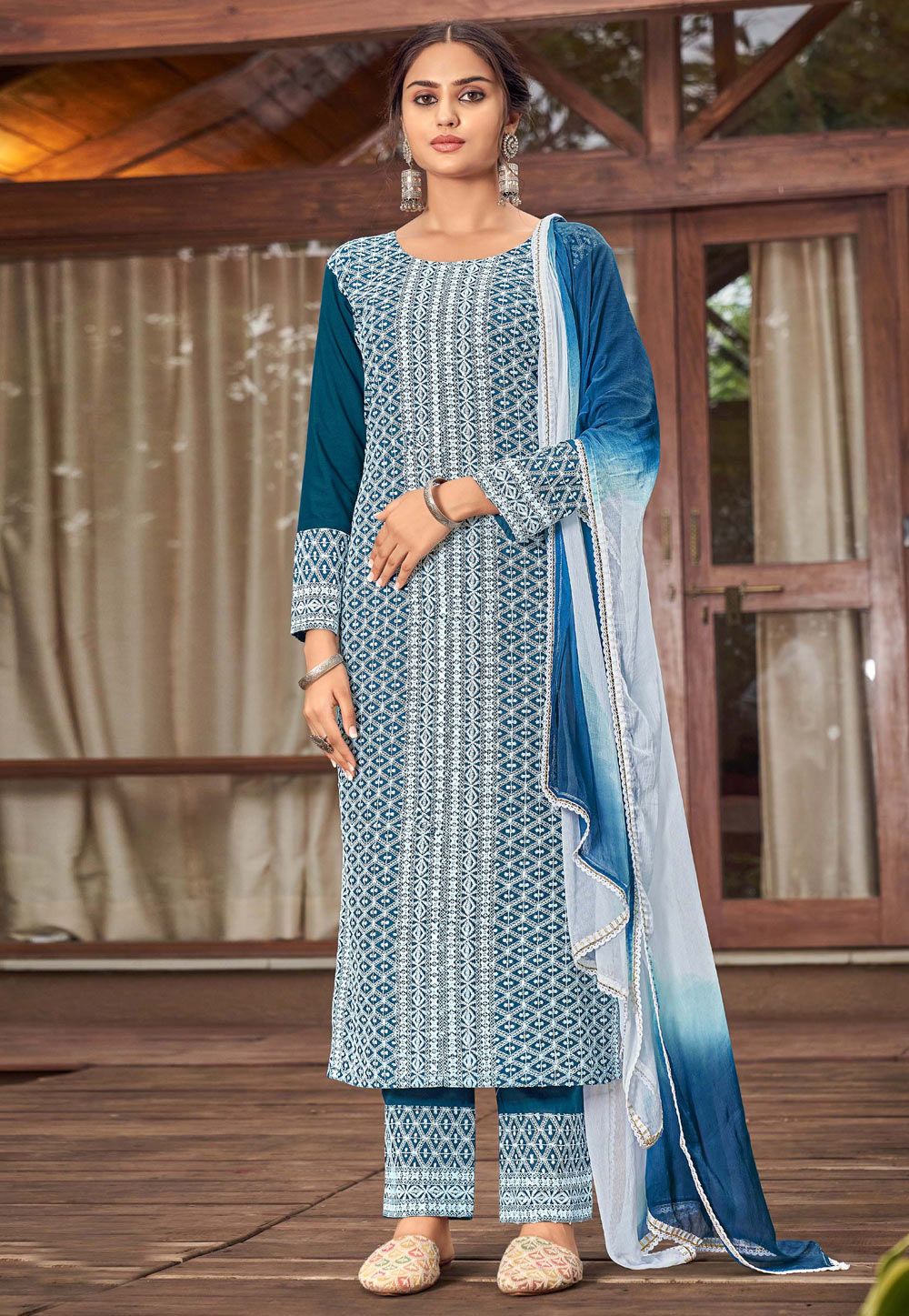 Teal Rayon Readymade Straight Suit 246592