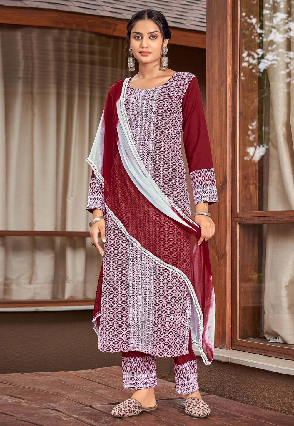 Maroon Rayon Readymade Pant Style Suit 246593