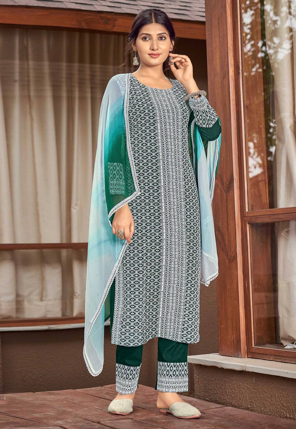 Green Rayon Readymade Straight Suit 246596