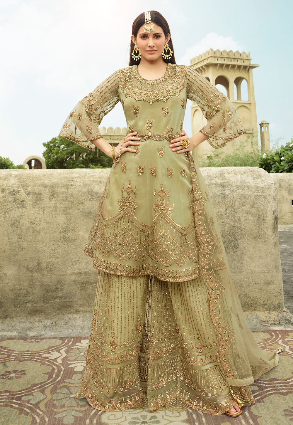 Light Green Net Embroidered Palazzo Suit 222803