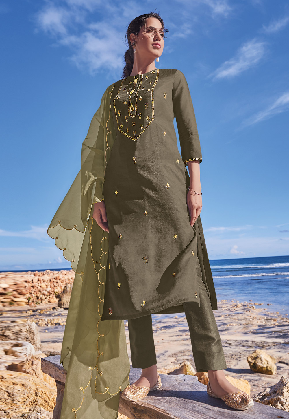 Olive Green Tussar Silk Readymade Pant Style Suit 223093