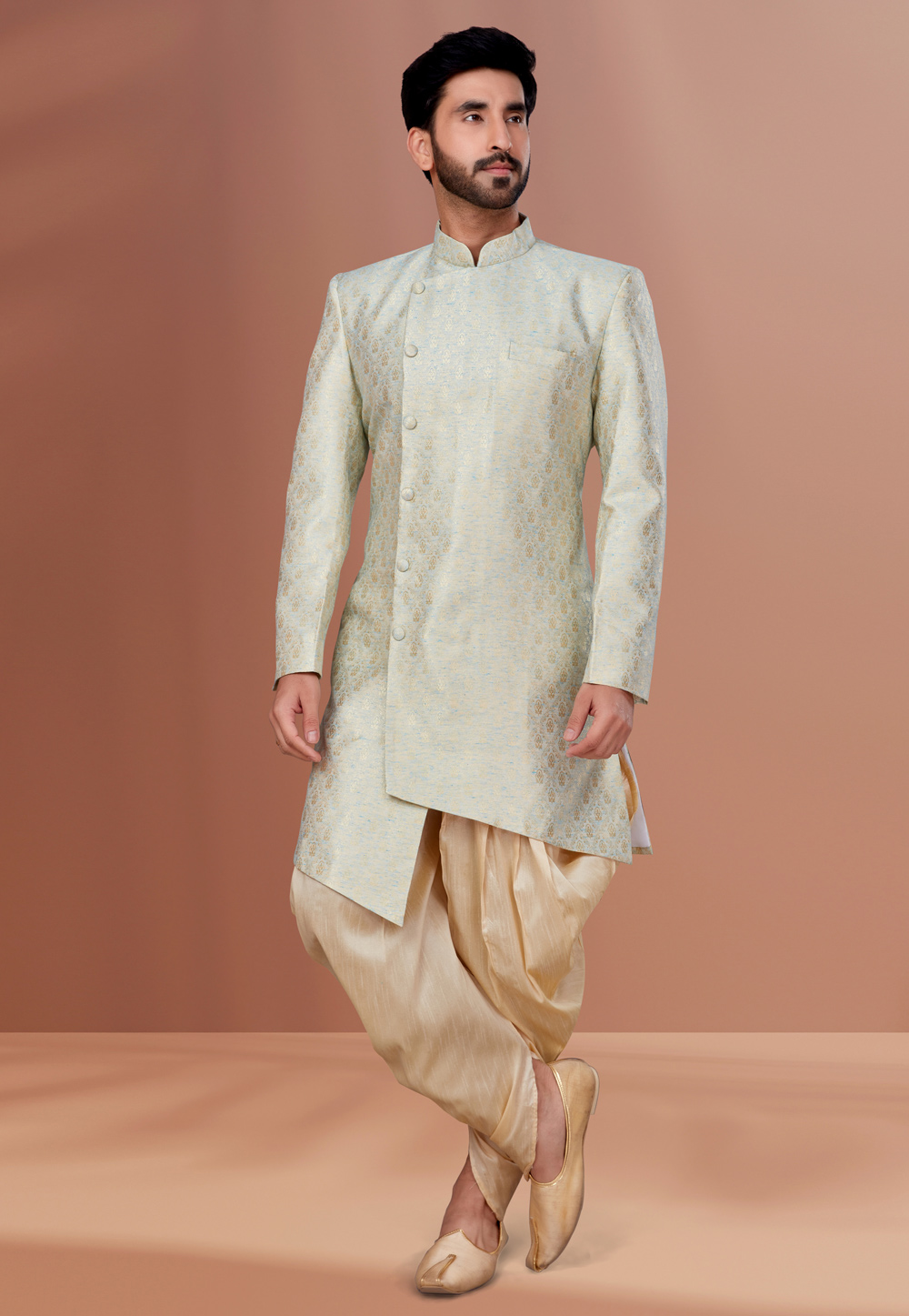 Off White Jacquard Indo Western Suit 257821