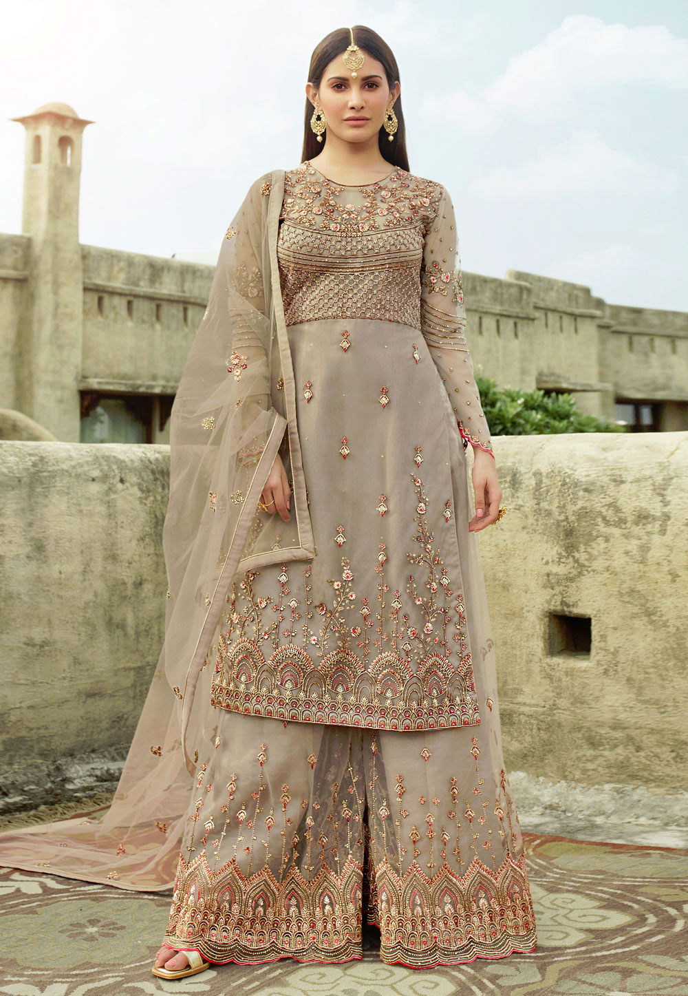 Grey Net Embroidered Palazzo Suit 222804