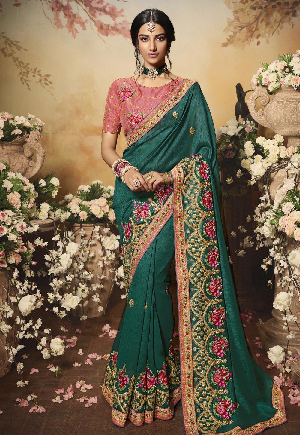 Teal Silk Embroidered Festival Wear Saree 210146