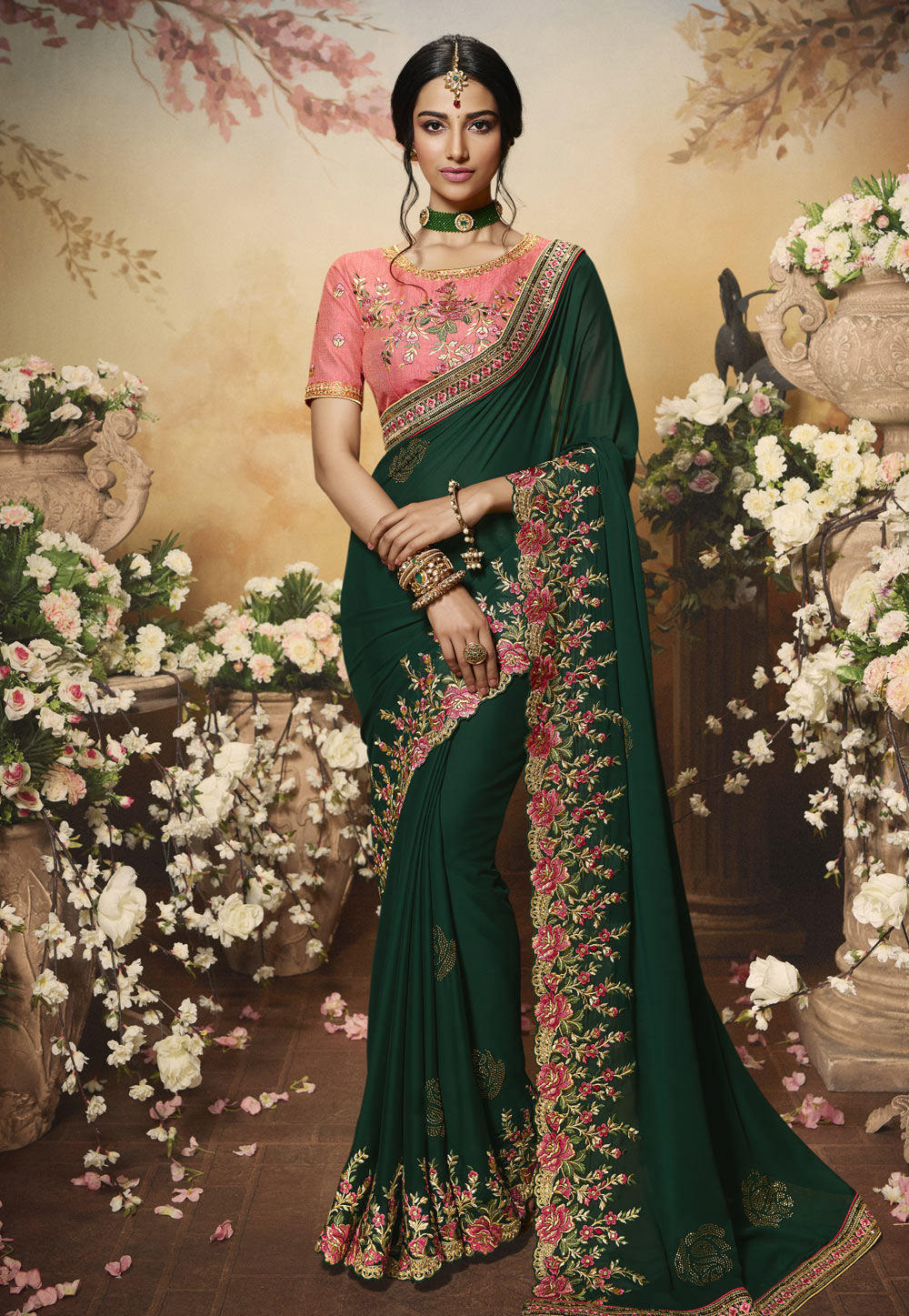 Green Silk Embroidered Party Wear Saree 210147