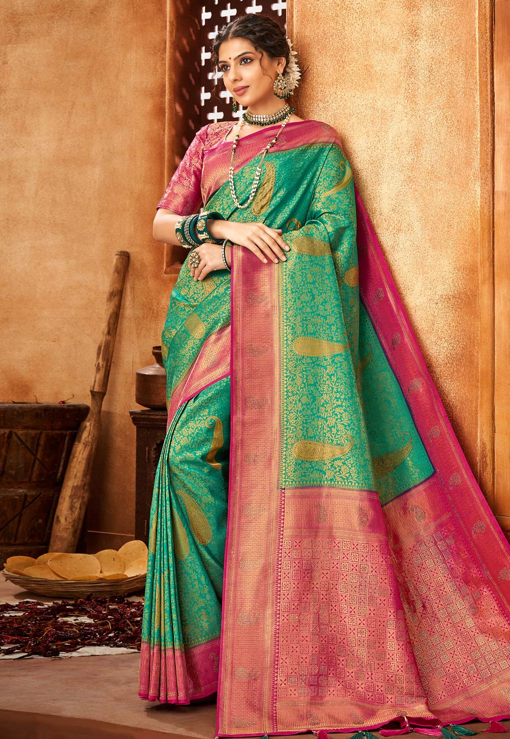 Sea Green Brocade Saree With Blouse 251590