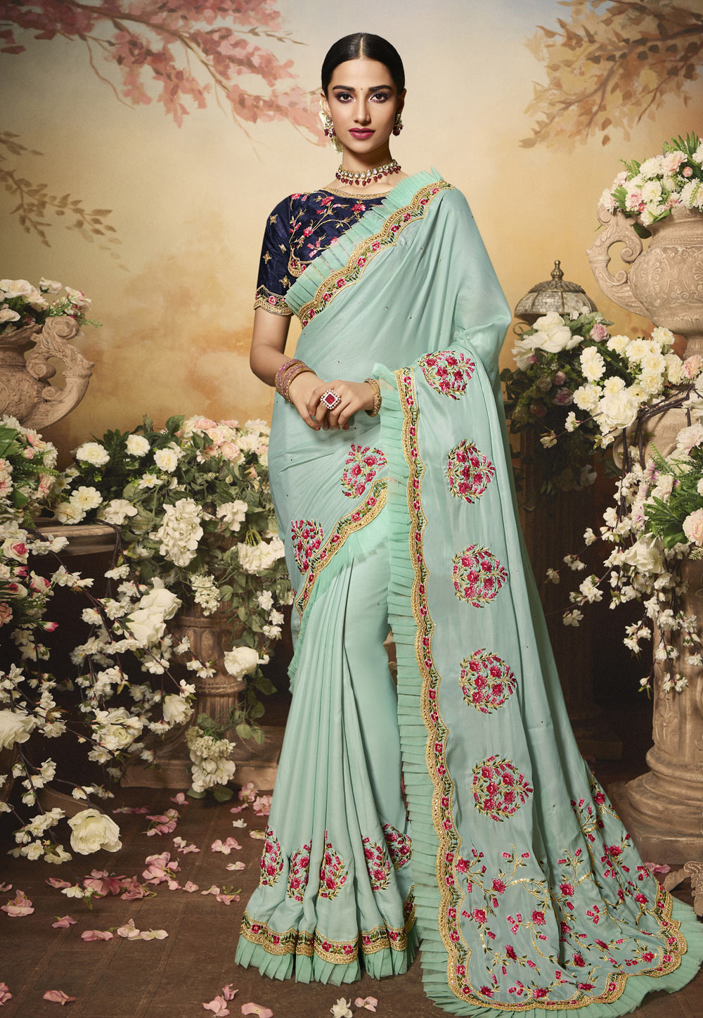 Light Green Satin Embroidered Party Wear Saree 210148