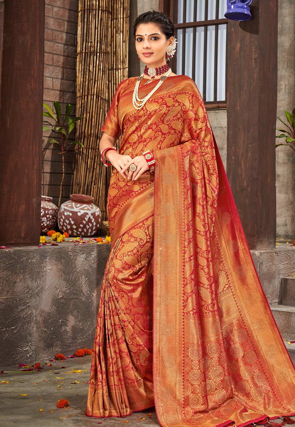 Red Brocade Saree With Blouse 251579