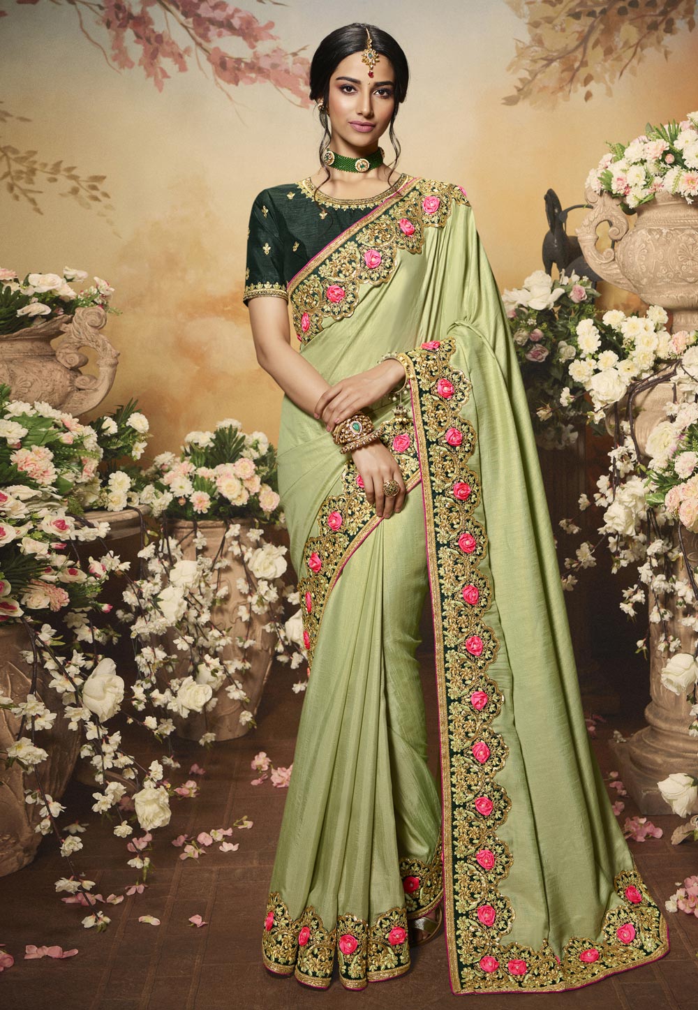 Pista Green Silk Embroidered Festival Wear Saree 210150