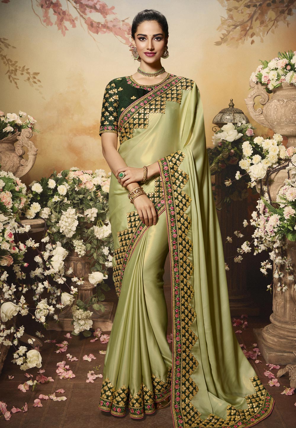 Pista Green Silk Embroidered Party Wear Saree 210151