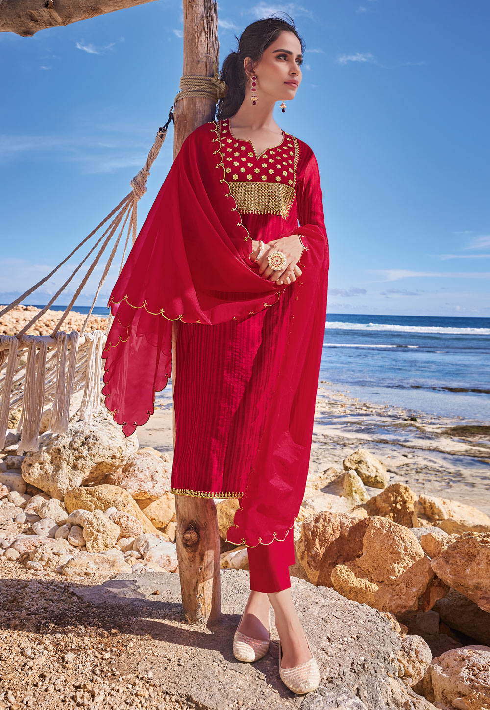 Red Chanderi Readymade Kameez With Pant 223094