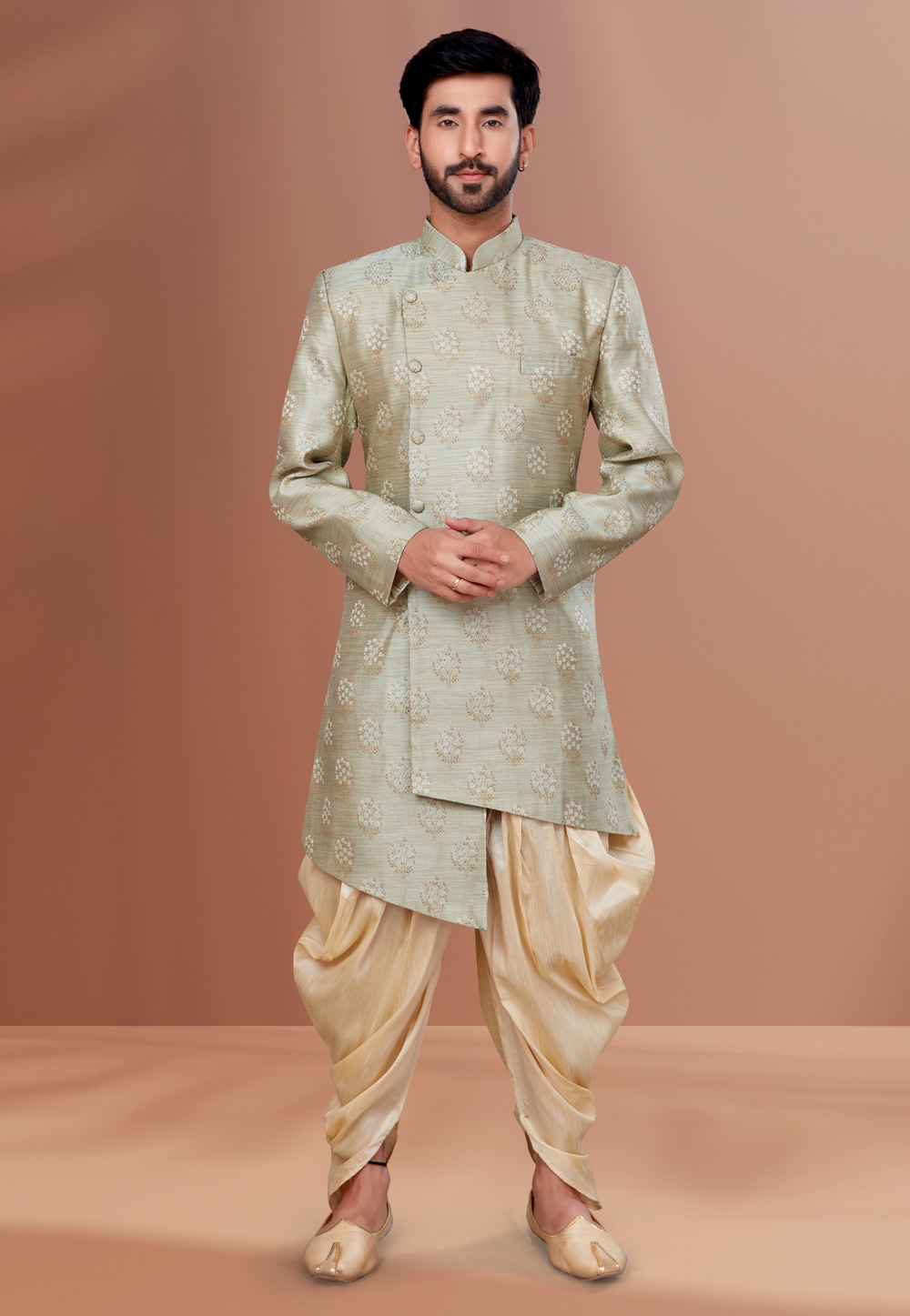 Pista Green Jacquard Indo Western Suit 257822
