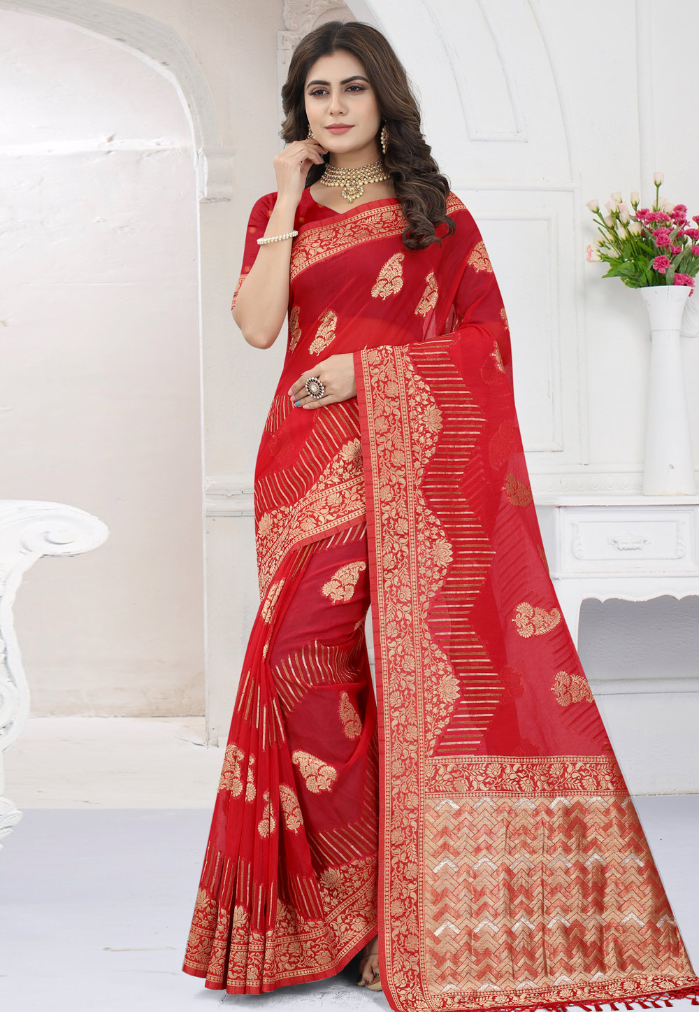 Red Viscose Saree With Blouse 258381