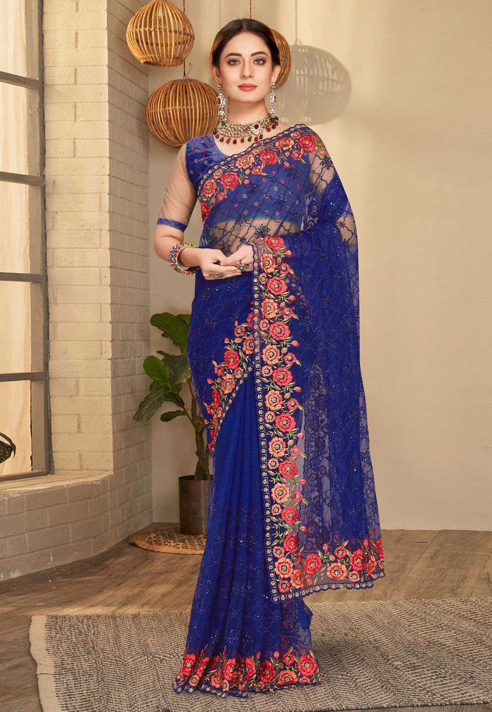 Blue Net Saree With Blouse 251860