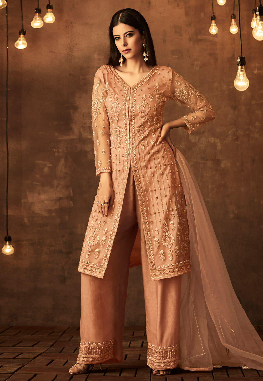 Peach Net Embroidered Kameez With Palazzo 168108