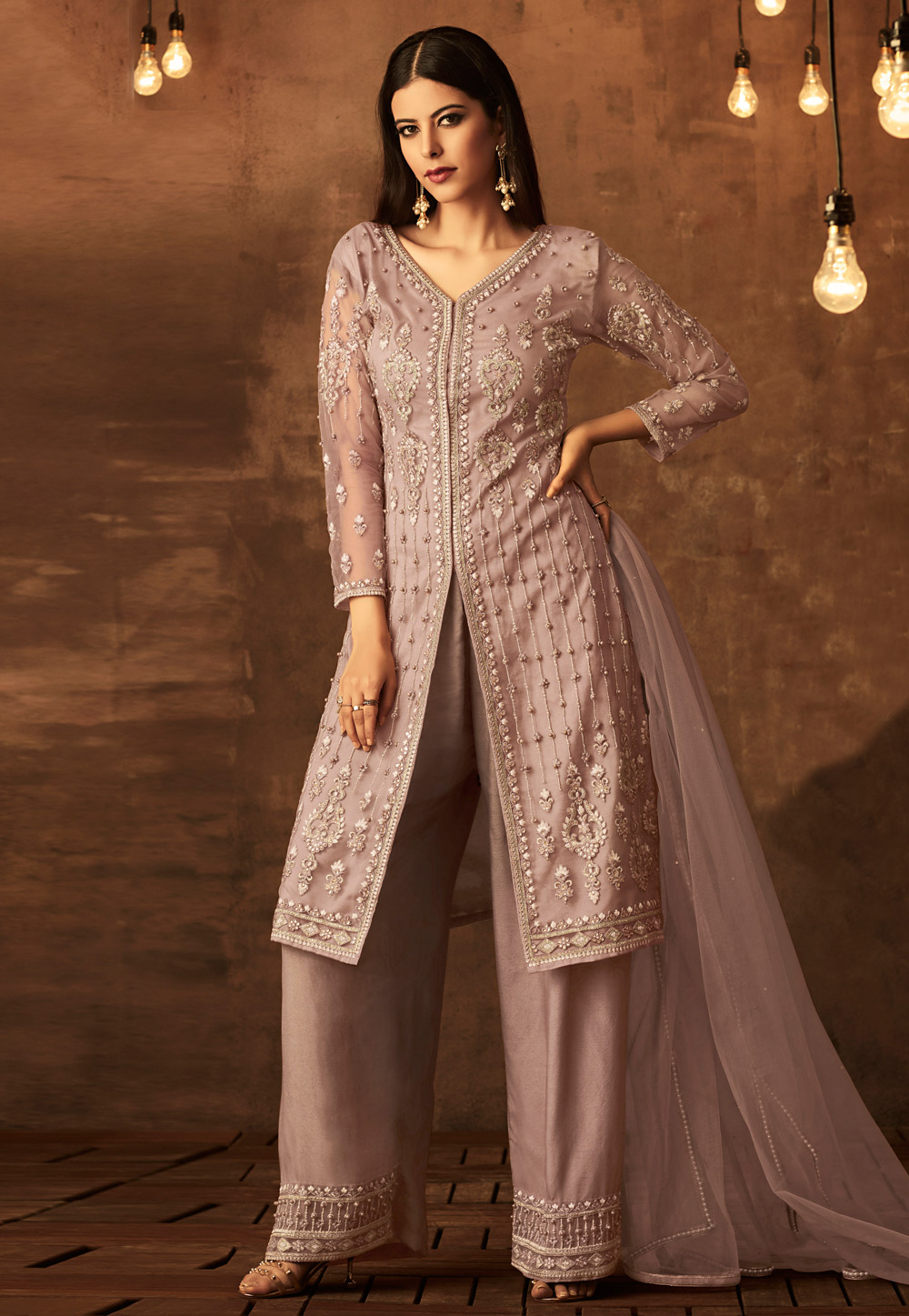 Shaded Pink Net Embroidered Kameez With Palazzo 168110