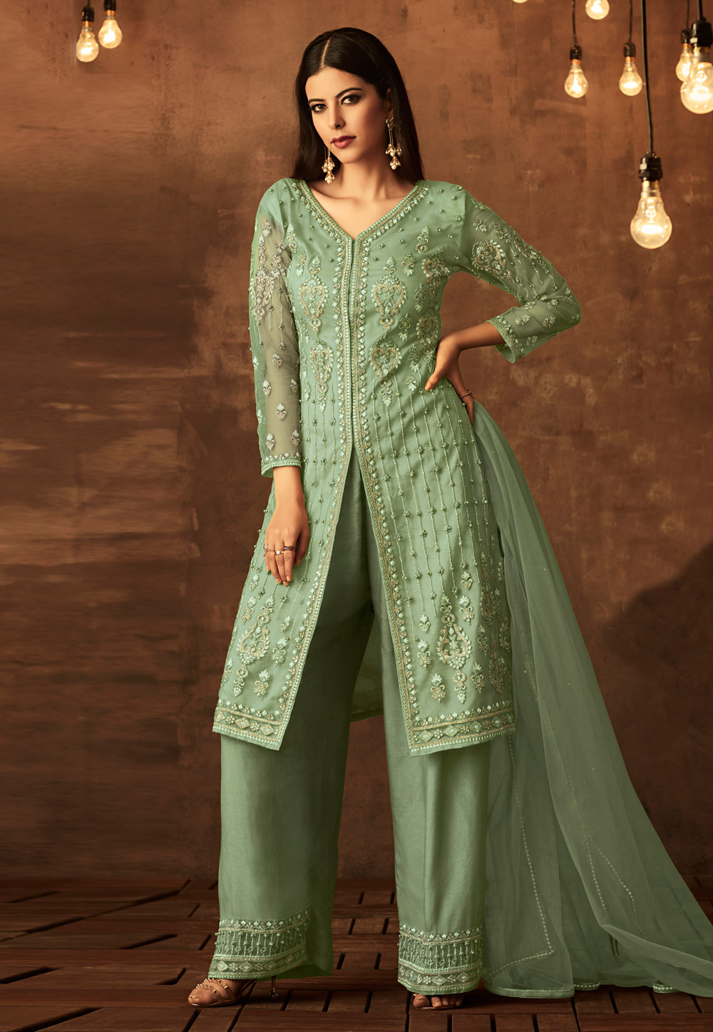 Green Net Embroidered Palazzo Suit 168111