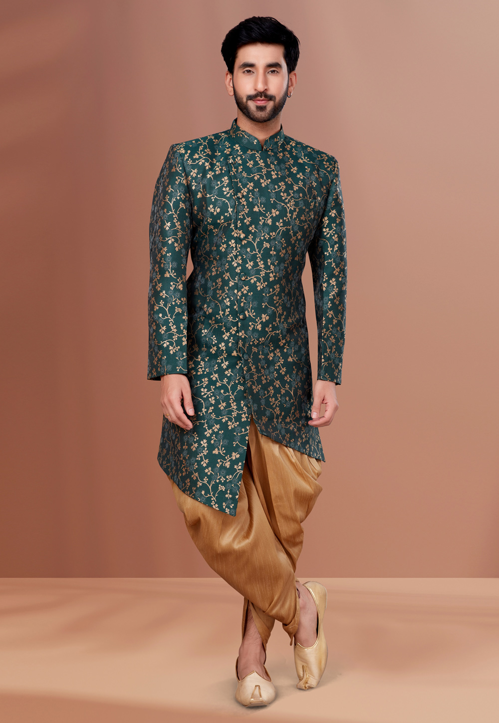 Green Jacquard Indo Western Suit 257825