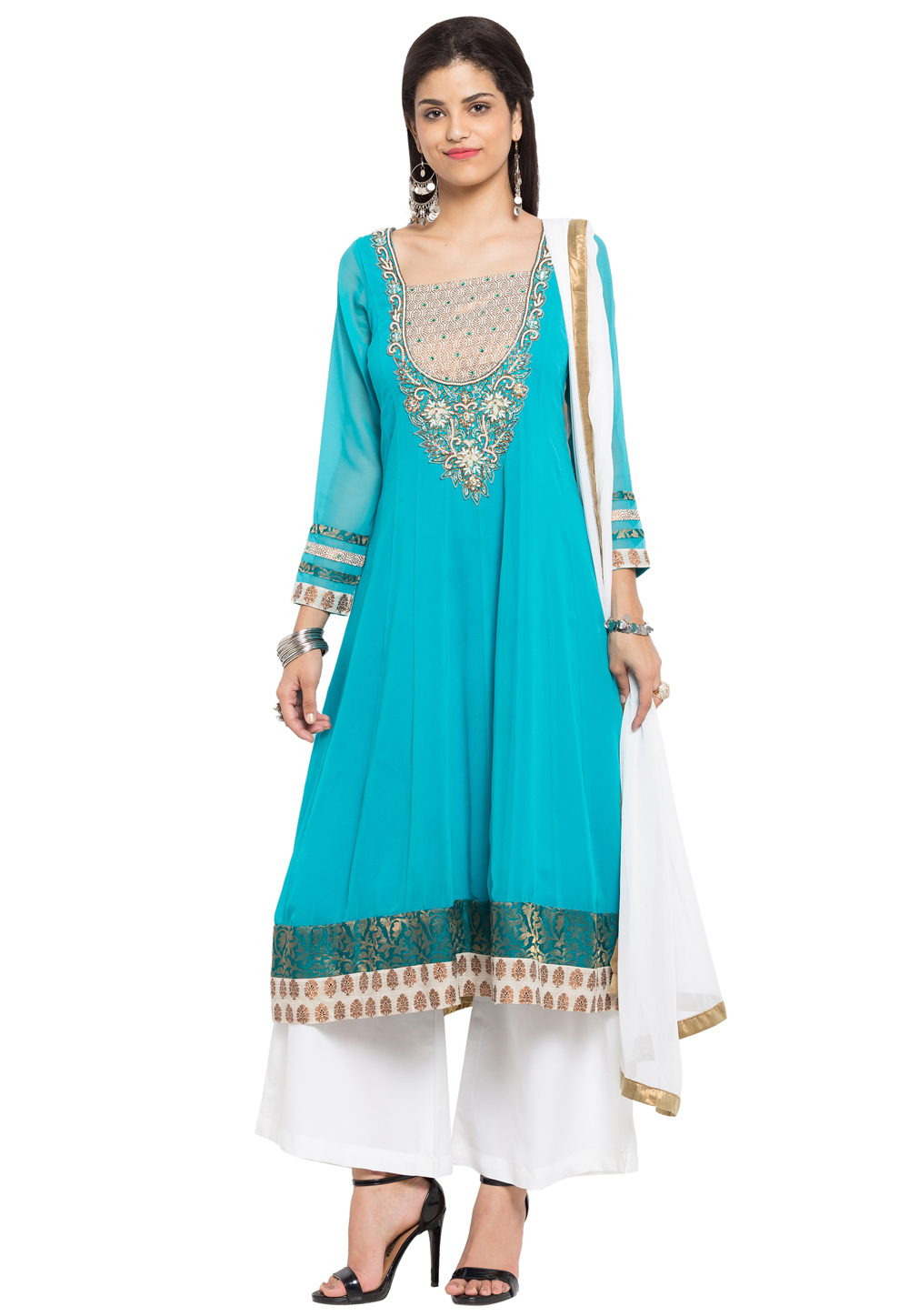 Turquoise Faux Georgette Readymade Palazzo Suit 230326