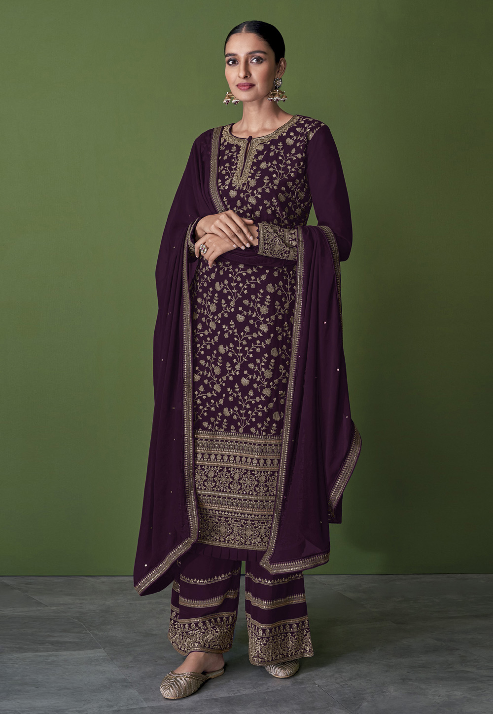 Purple Faux Georgette Embroidered Palazzo Suit 249640