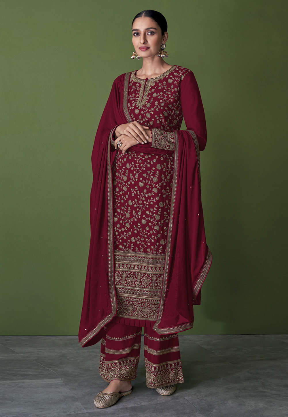 Maroon Faux Georgette Embroidered Palazzo Suit 249642