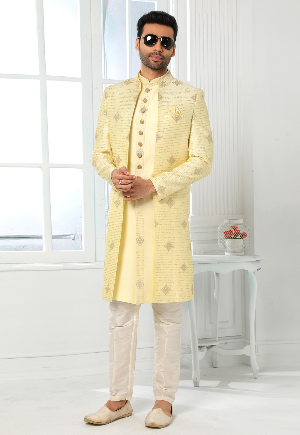 Yellow Art Silk Indo Western Sherwani 250150