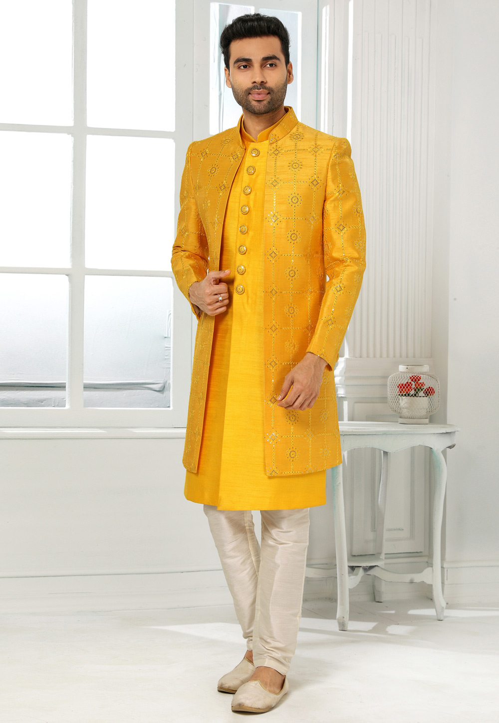Yellow Art Silk Indo Western Sherwani 250152