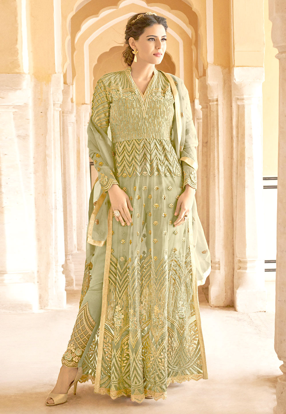 Light Green Net Embroidered Pant Style Suit 166199