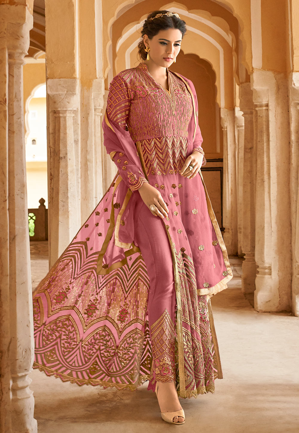 Pink Net Embroidered Pant Style Suit 166201