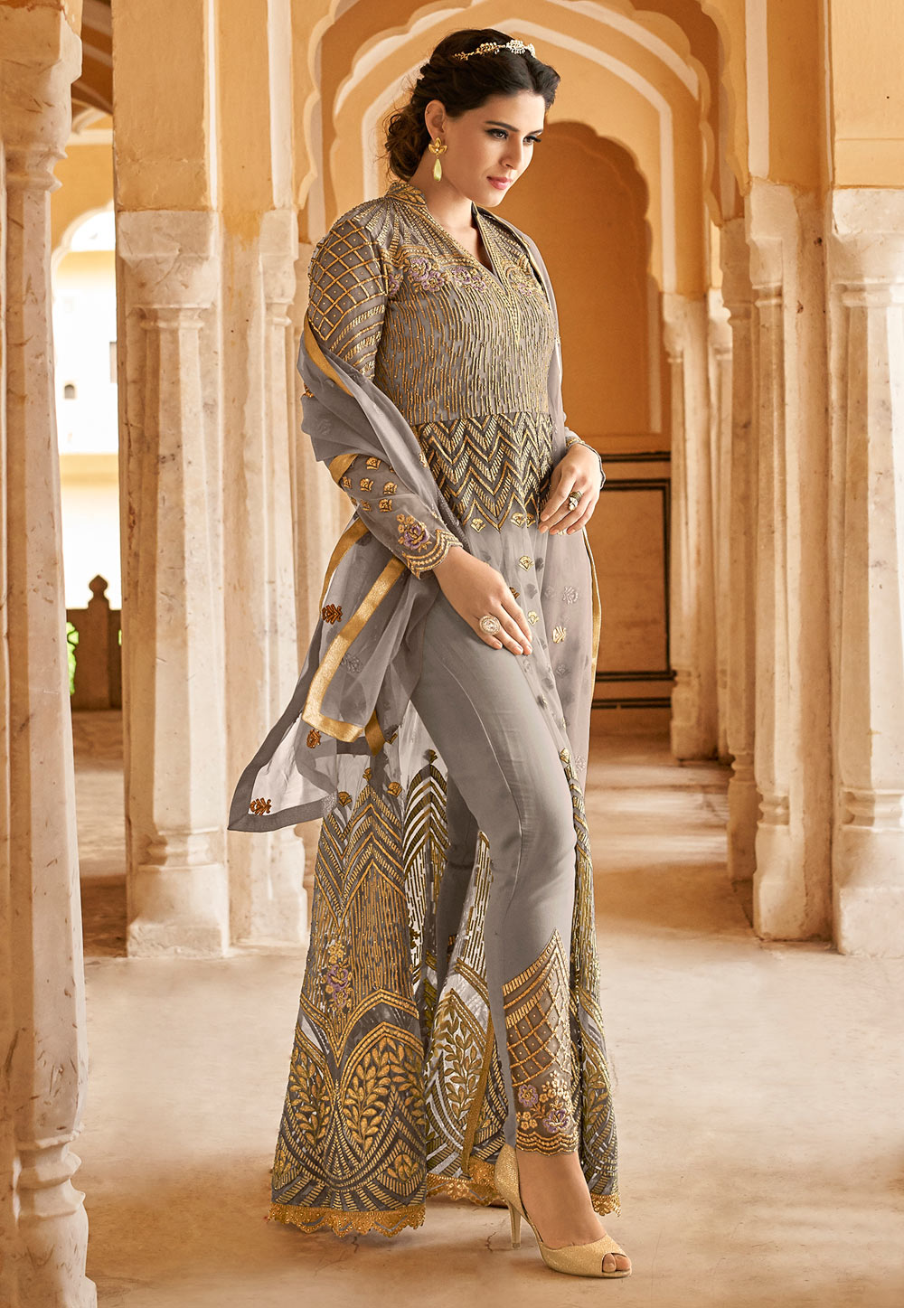 Grey Net Embroidered Pant Style Suit 166203