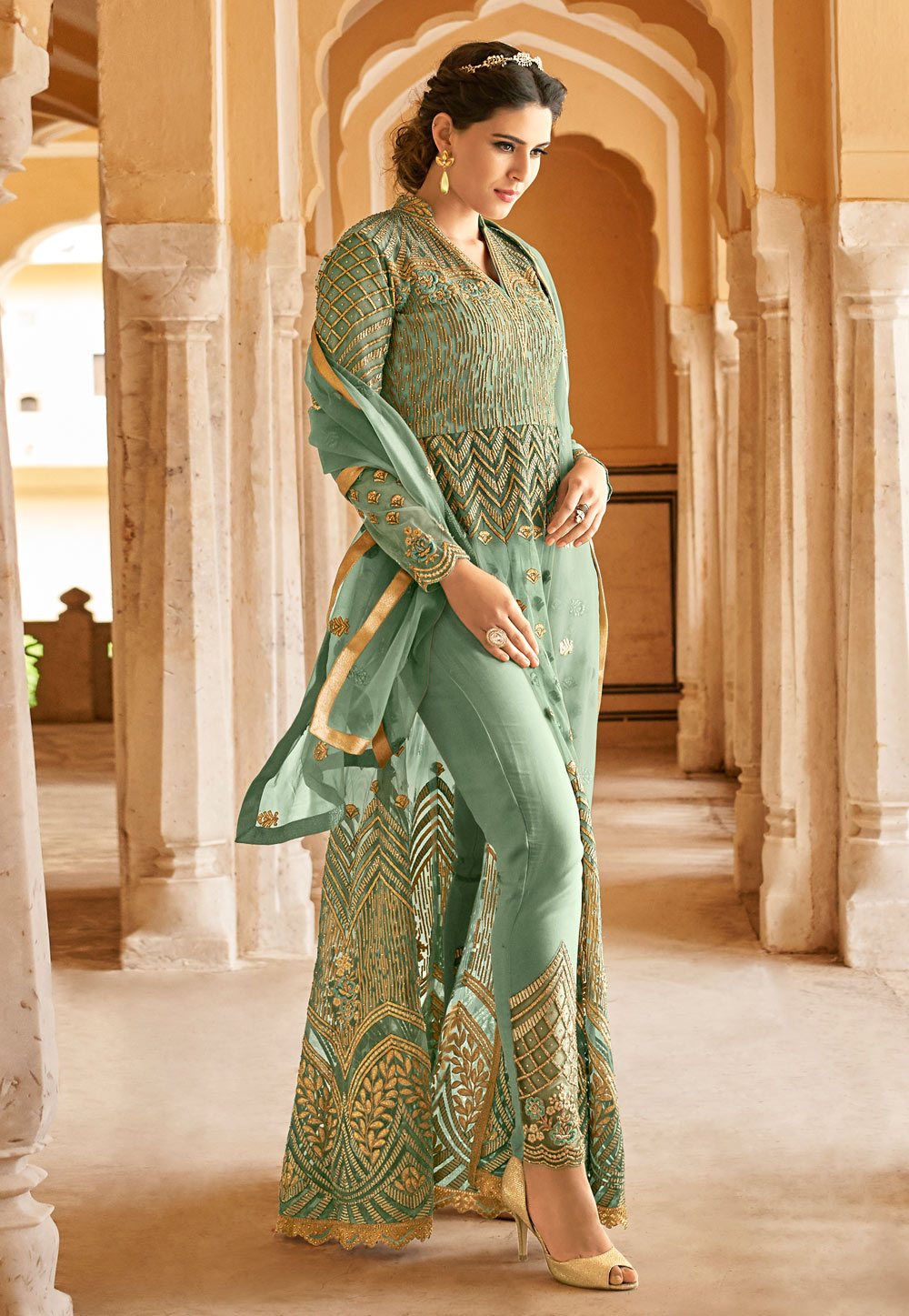 Sea Green Net Embroidered Pant Style Suit 166205