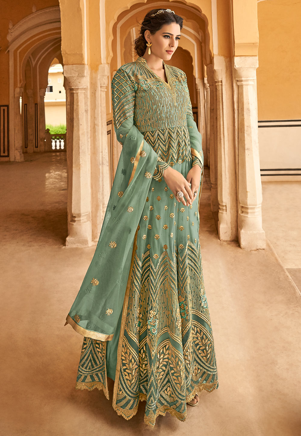 Sea Green Net Embroidered Ankle Length Anarkali Suit 166204