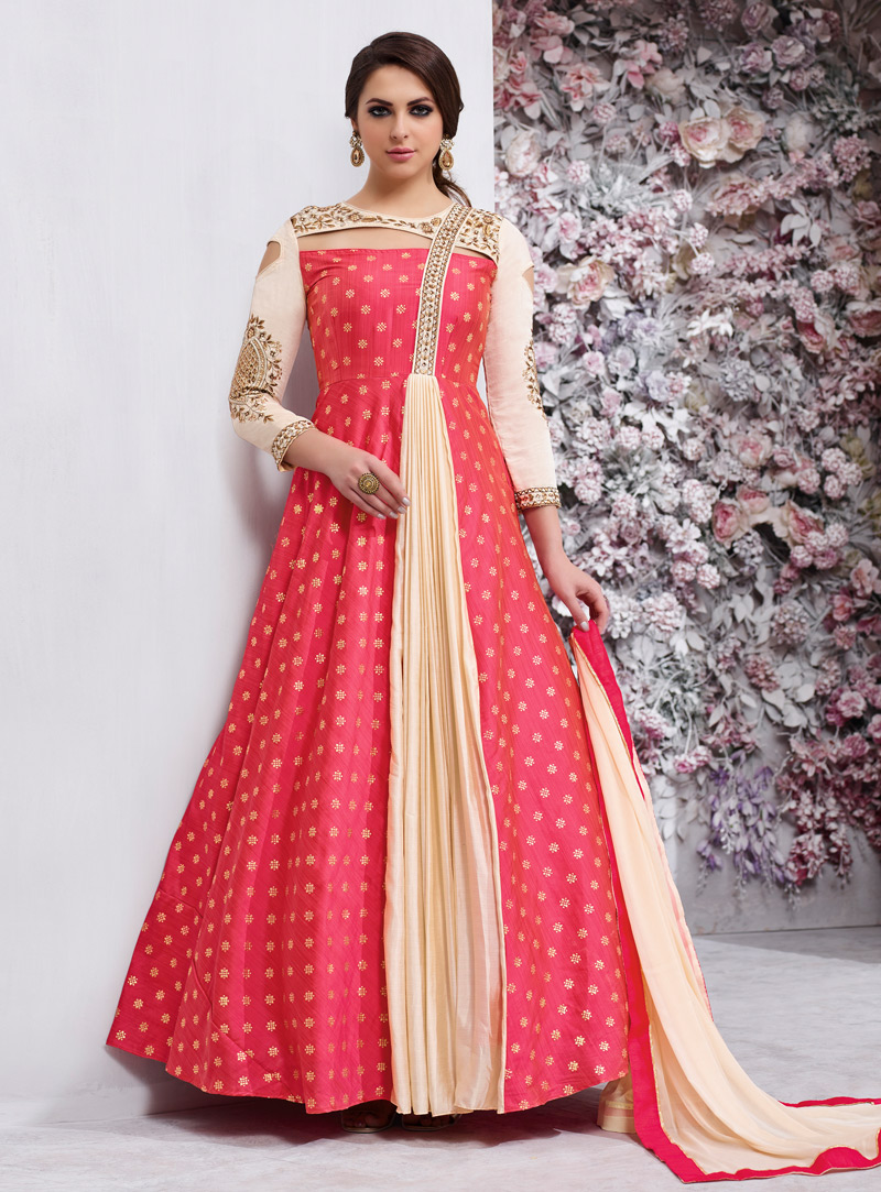 Pink Taffeta Silk Readymade Ankle Length Anarkali Suit 126889
