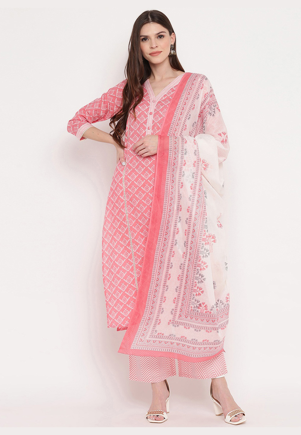 Pink Cotton Readymade Kameez With Palazzo 210775
