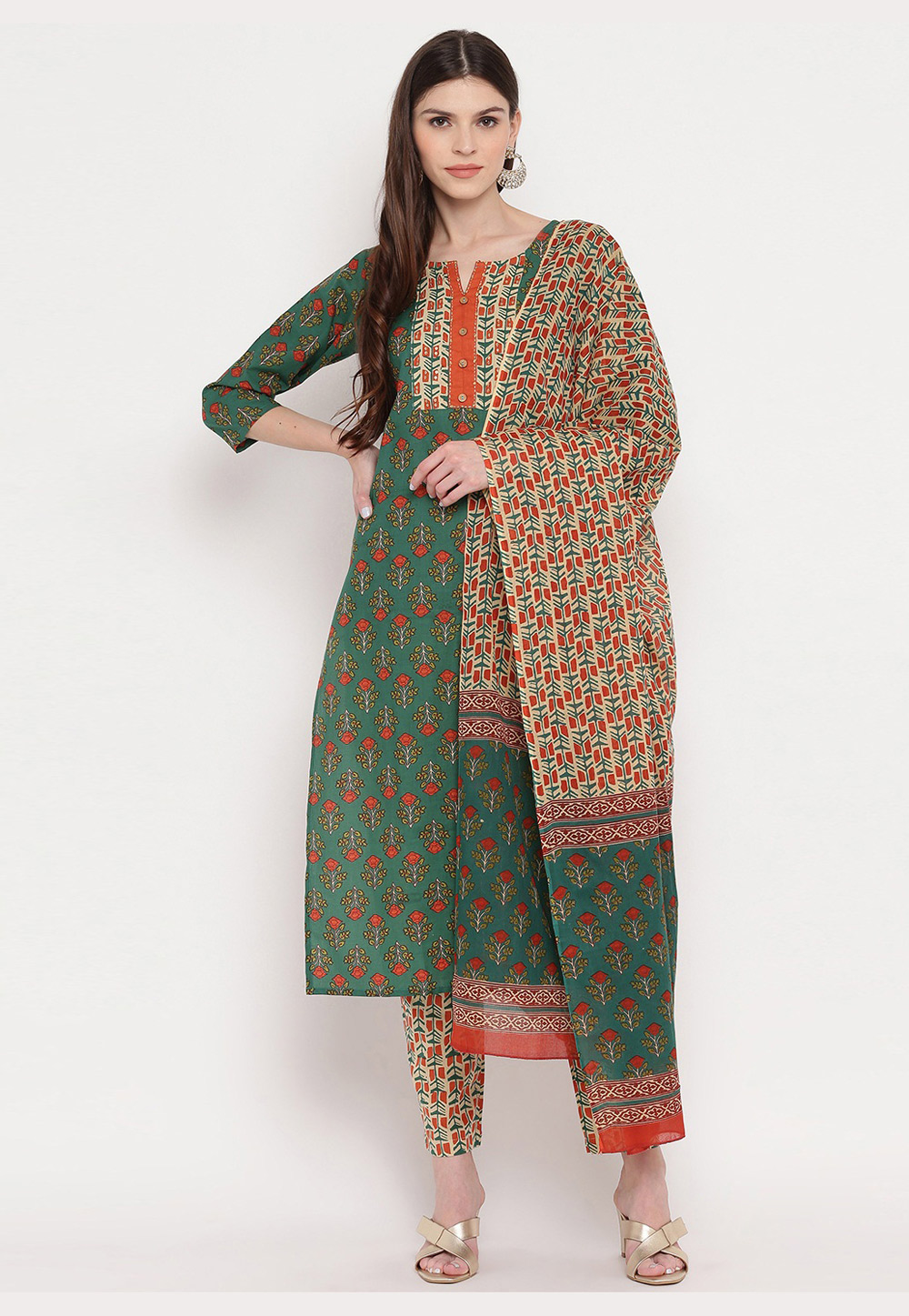 Green Cotton Readymade Pant Style Suit 210777