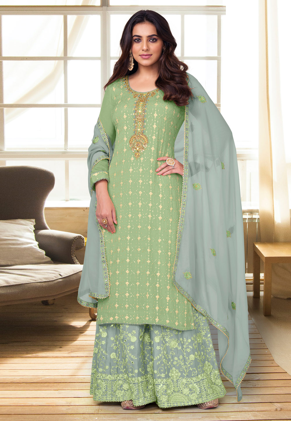 Pista Green Chinon Pakistani Suit 260099