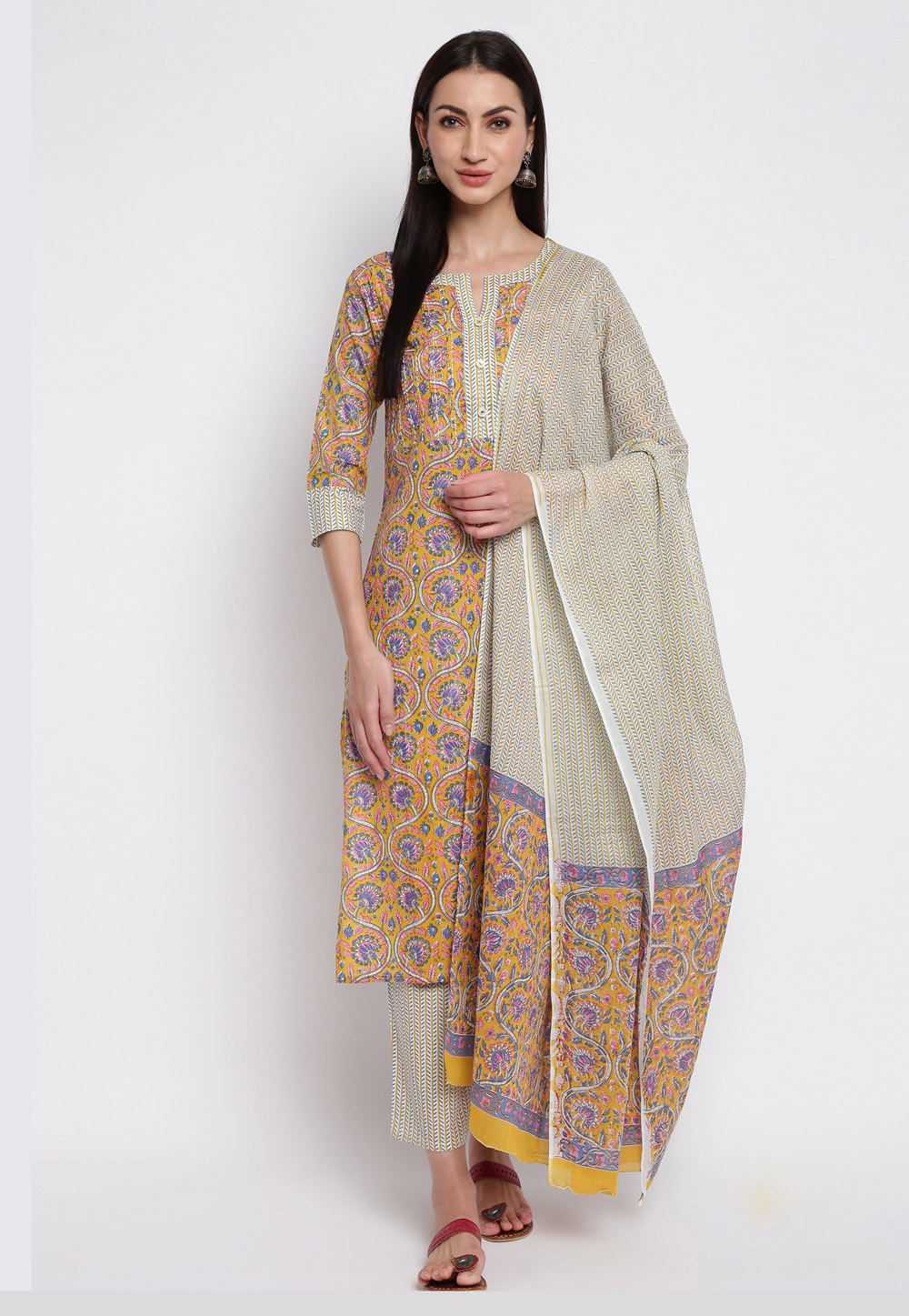 Yellow Cotton Readymade Kameez With Pant 210780