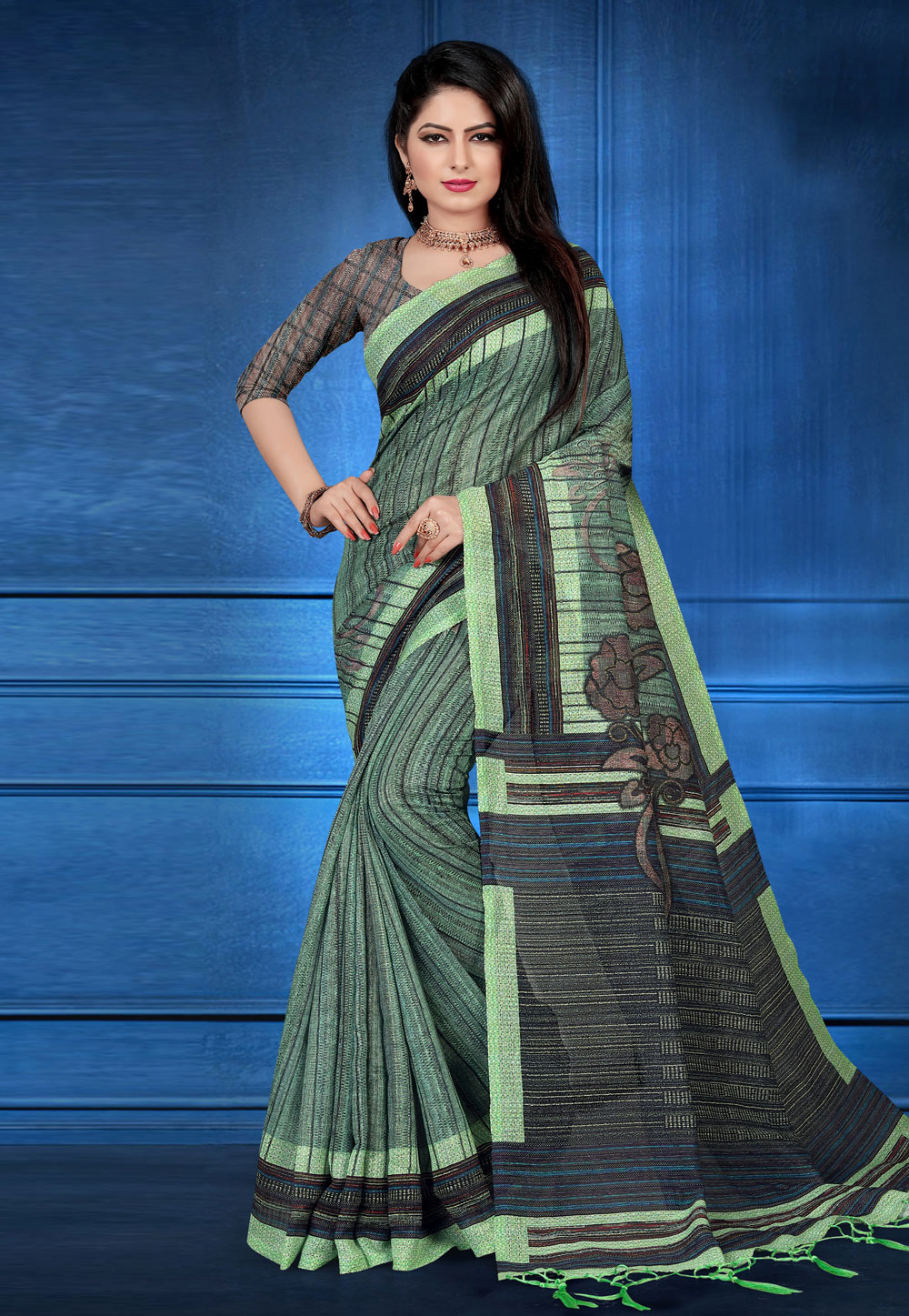 Olive Green Silk Printed Saree With Blouse 192949