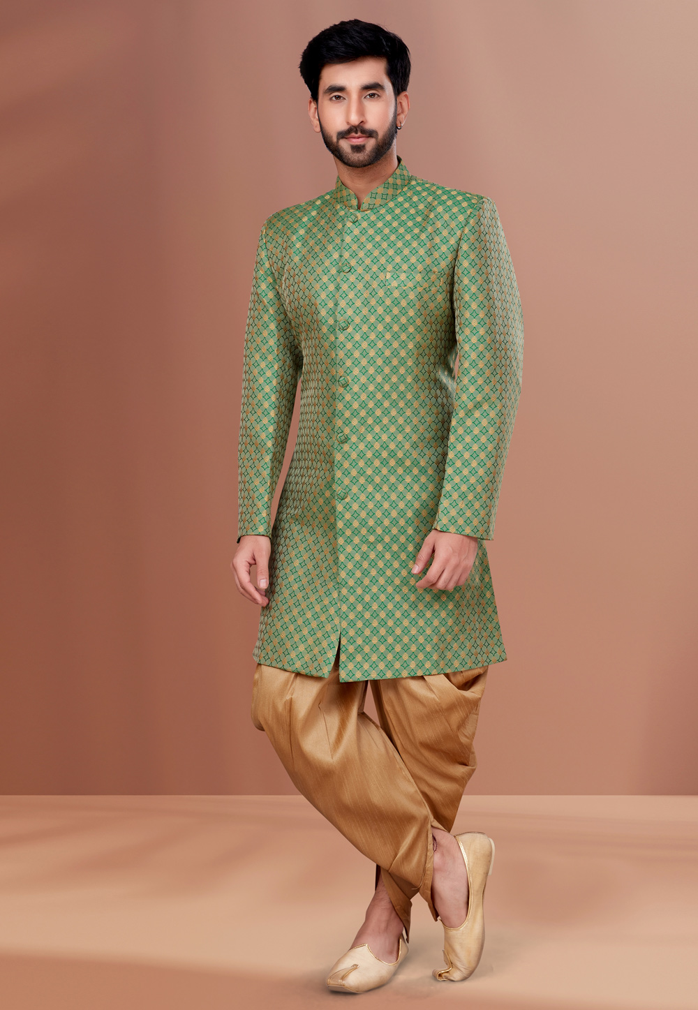 Light Green Jacquard Indo Western Suit 257829